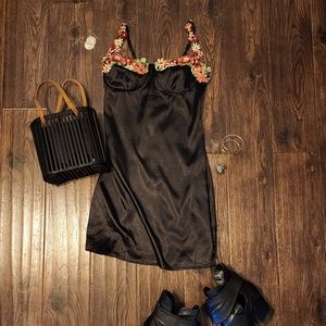 Black Floral Satin Short Dress